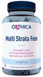 Das Bild zeigt eine Flasche des Nahrungsergänzungsmittels 'Orthica Multi Strata Fem'. Die Flasche ist durchsichtig mit einem blauen Deckel und enthält 120 Tabletten. Auf dem Etikett steht: 'Complete multi met hoge dosering ijzer, Speciaal voor de vrouw'.