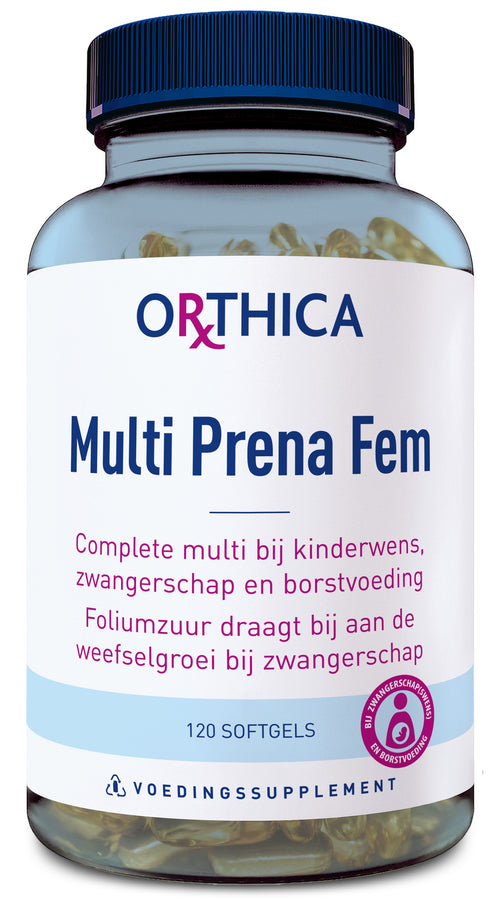 Eine Flasche mit dem Etikett "Orthica Multi Prena Fem". Sie enthält 120 Softgels und ist ein Nahrungsergänzungsmittel, das für Kinderwunsch, Schwangerschaft und Stillzeit geeignet ist. Das Etikett ist in Blau und Pink gestaltet.