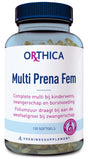 Eine Flasche mit dem Etikett "Orthica Multi Prena Fem". Sie enthält 120 Softgels und ist ein Nahrungsergänzungsmittel, das für Kinderwunsch, Schwangerschaft und Stillzeit geeignet ist. Das Etikett ist in Blau und Pink gestaltet.