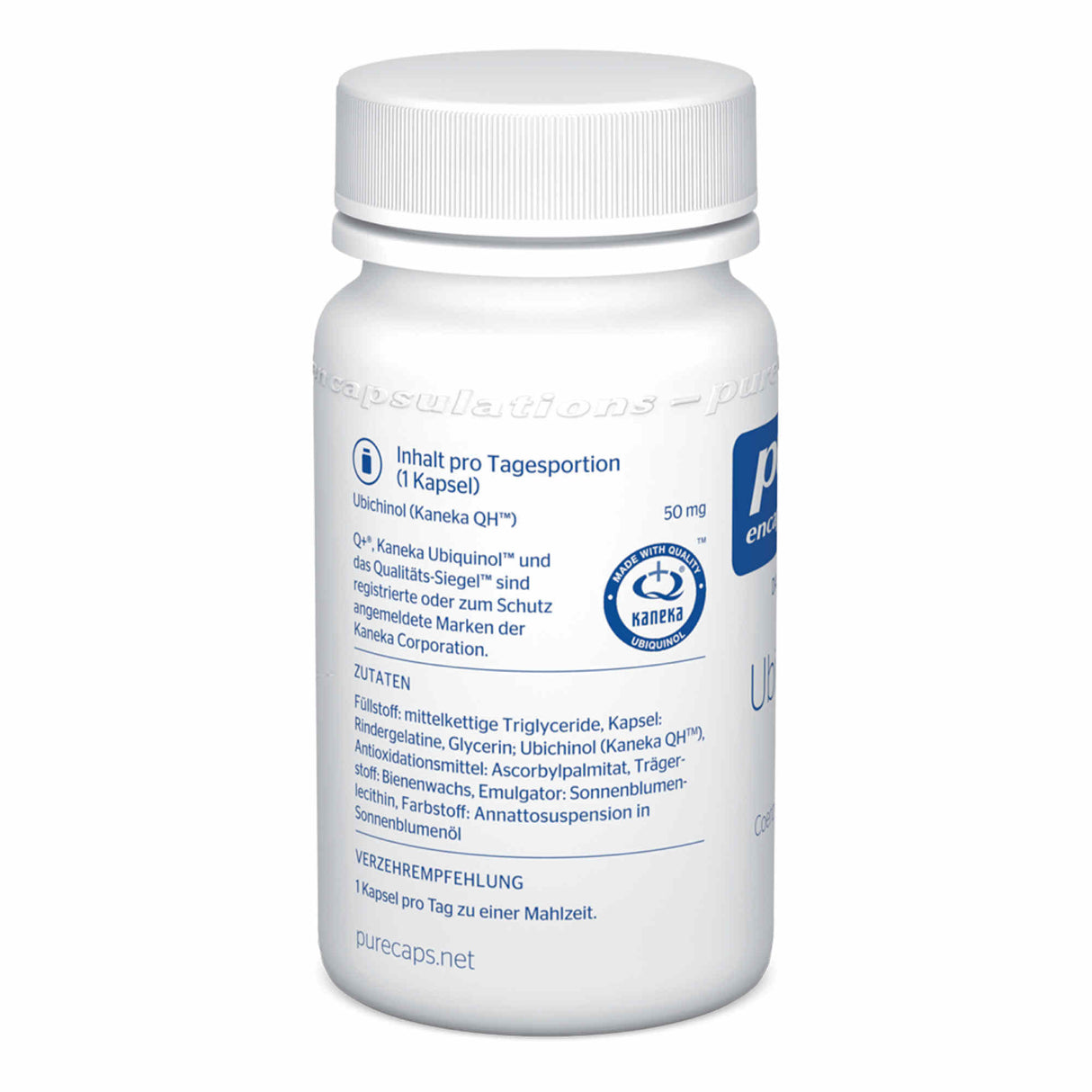 Das Bild zeigt eine weiße Plastikflasche mit einem Schraubverschluss. Auf dem Etikett sind Informationen zu dem Produkt, das Ubiquinol (Kaneka QH™) enthält, aufgedruckt. Die Flasche ist mit einem blauen Logo und Text versehen, der Details zu Inhaltsstoffen und Dosierungsempfehlungen gibt. Die Flasche steht vor einem weißen Hintergrund.