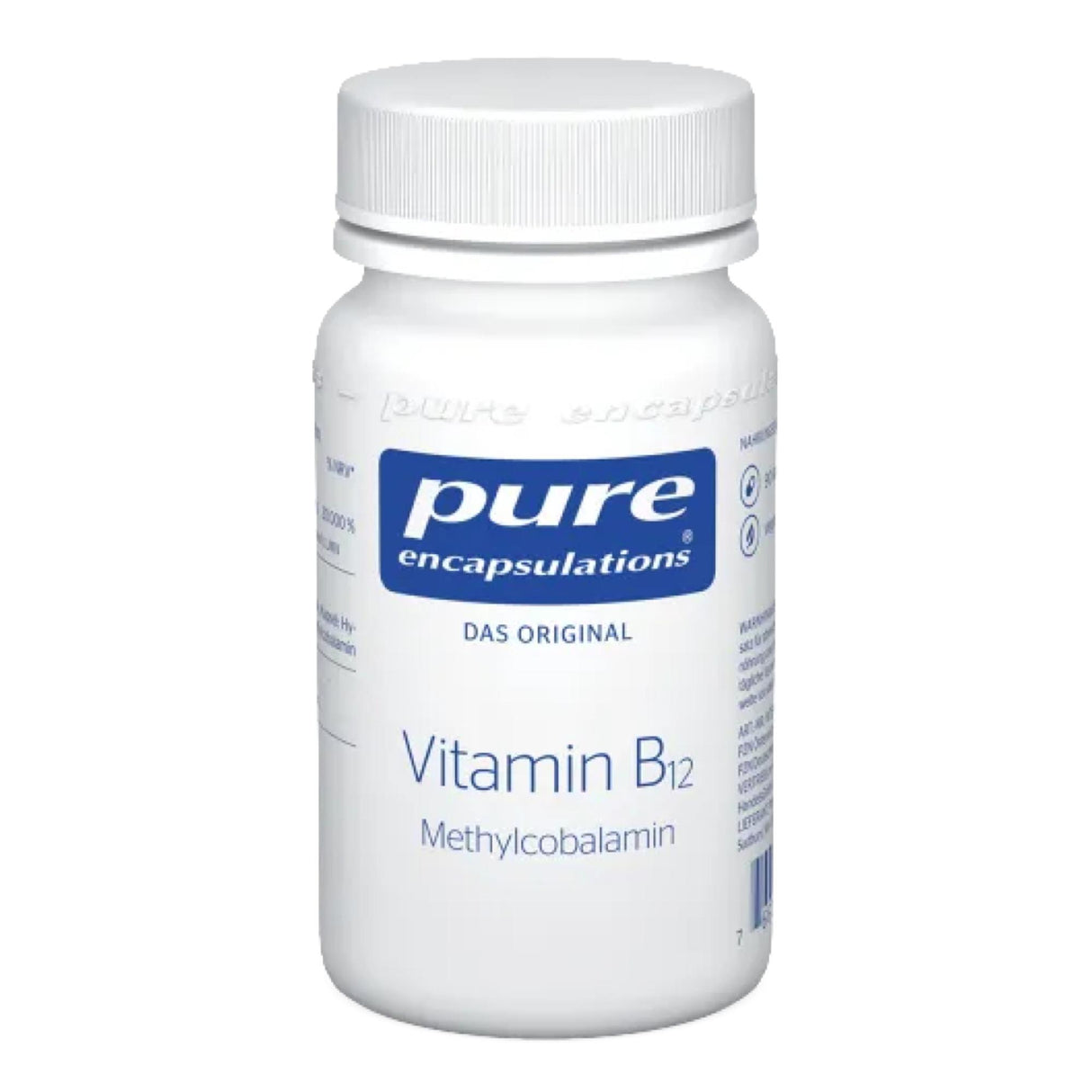 Das Bild zeigt eine weiße Plastikflasche mit einem Schraubverschluss. Auf dem Etikett steht "pure encapsulations" und "Vitamin B12 Methylcobalamin". Die Flasche ist gegen einen weißen Hintergrund abgebildet.