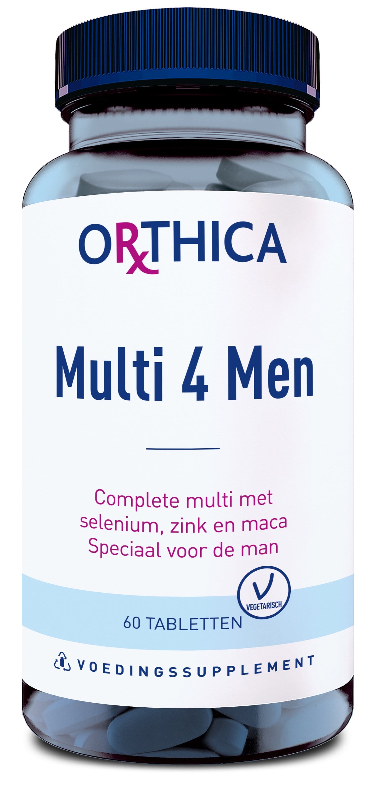 Ein Nahrungsergänzungsmittel namens Orthica Multi 4 Men in einer blauen Plastikflasche mit Schraubverschluss. Auf dem Etikett steht 'Complete multi met selenium, zink en maca Speciaal voor de man'. Enthält 60 Tabletten und ist vegetarisch.