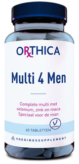 Ein Nahrungsergänzungsmittel namens Orthica Multi 4 Men in einer blauen Plastikflasche mit Schraubverschluss. Auf dem Etikett steht 'Complete multi met selenium, zink en maca Speciaal voor de man'. Enthält 60 Tabletten und ist vegetarisch.