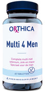 Ein Nahrungsergänzungsmittel namens Orthica Multi 4 Men in einer blauen Plastikflasche mit Schraubverschluss. Auf dem Etikett steht 'Complete multi met selenium, zink en maca Speciaal voor de man'. Enthält 60 Tabletten und ist vegetarisch.