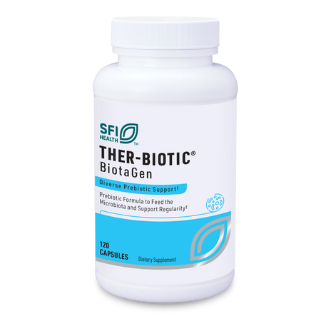 Ein weißer Kunststoffbehälter mit Schraubverschluss, auf dem 'SFI Health THER-BIOTIC BiotaGen' steht. Der Behälter bietet 'Diverse Prebiotic Support' und enthält 120 Kapseln. Die Verpackung ist blau-weiß gestaltet.