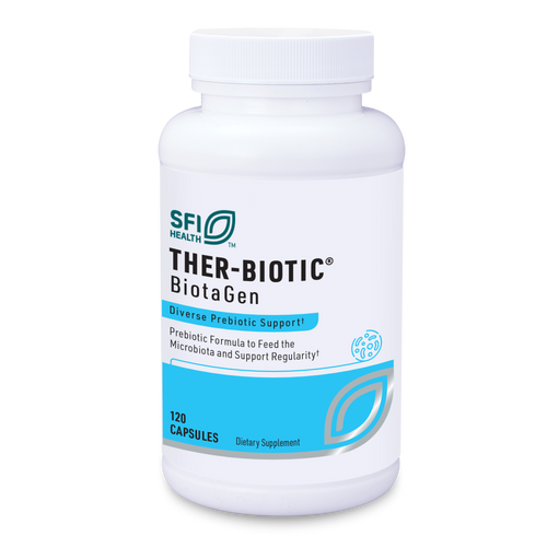 Ein weißer Kunststoffbehälter mit Schraubverschluss, auf dem 'SFI Health THER-BIOTIC BiotaGen' steht. Der Behälter bietet 'Diverse Prebiotic Support' und enthält 120 Kapseln. Die Verpackung ist blau-weiß gestaltet.