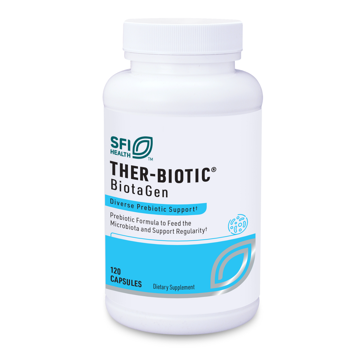 Ein weißer Kunststoffbehälter mit Schraubverschluss, auf dem 'SFI Health THER-BIOTIC BiotaGen' steht. Der Behälter bietet 'Diverse Prebiotic Support' und enthält 120 Kapseln. Die Verpackung ist blau-weiß gestaltet.
