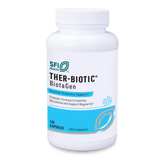 Ein weißer Kunststoffbehälter mit Schraubverschluss, auf dem 'SFI Health THER-BIOTIC BiotaGen' steht. Der Behälter bietet 'Diverse Prebiotic Support' und enthält 120 Kapseln. Die Verpackung ist blau-weiß gestaltet.
