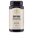 Das Bild zeigt eine Verpackung von Griffonia 500 mg Kapseln mit natürlichem 5-HTP Gehalt, ohne Gentechnik und vegan. Die Verpackung ist dunkel und beige, mit einem goldenen Siegel. Um die Verpackung herum befinden sich Symbole, die die Vorteile des Produkts hervorheben, wie "Fördert die seelische Ausgeglichenheit", "Hoher 5-HTP Gehalt", "Natürliche Quelle", "Keine Zusatzstoffe", "Wesentlich für Biorhythmus" und "Unterstützt Serotonin-Haushalt".