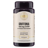 Das Bild zeigt eine Verpackung von Griffonia 500 mg Kapseln mit natürlichem 5-HTP Gehalt, ohne Gentechnik und vegan. Die Verpackung ist dunkel und beige, mit einem goldenen Siegel. Um die Verpackung herum befinden sich Symbole, die die Vorteile des Produkts hervorheben, wie "Fördert die seelische Ausgeglichenheit", "Hoher 5-HTP Gehalt", "Natürliche Quelle", "Keine Zusatzstoffe", "Wesentlich für Biorhythmus" und "Unterstützt Serotonin-Haushalt".