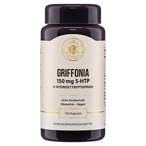 Das Bild zeigt eine Verpackung von Griffonia 500 mg Kapseln mit natürlichem 5-HTP Gehalt, ohne Gentechnik und vegan. Die Verpackung ist dunkel und beige, mit einem goldenen Siegel. Um die Verpackung herum befinden sich Symbole, die die Vorteile des Produkts hervorheben, wie "Fördert die seelische Ausgeglichenheit", "Hoher 5-HTP Gehalt", "Natürliche Quelle", "Keine Zusatzstoffe", "Wesentlich für Biorhythmus" und "Unterstützt Serotonin-Haushalt".