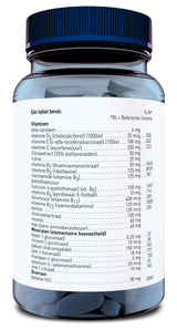 Das Bild zeigt eine durchsichtige Plastikflasche mit dunkelblauem Deckel, die mit blauen Tabletten gefüllt ist. Auf dem Etikett sind Nährwerte und Inhaltsstoffe in niederländischer Sprache aufgelistet. Die Flasche steht auf einem weißen Hintergrund.