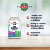 Probiotika-Flasche von KAL mit 60 Kautabletten. Enthält 2 Milliarden Koloniebildende Einheiten pro Tablette. Mischung aus drei Mikroorganismen.