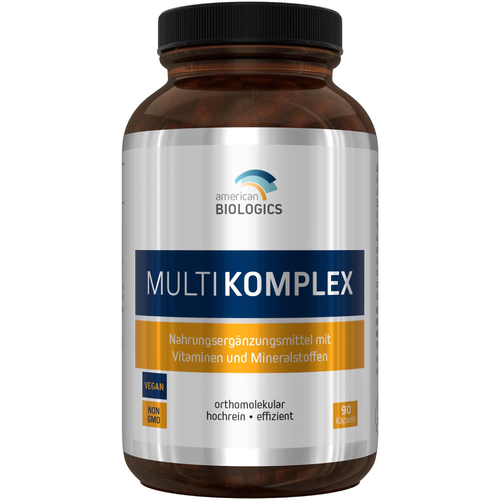Weiße Flasche mit Etikett, das Nährwertangaben und Zutatenliste zeigt. Enthält Vitamine und Mineralien. Hersteller: Supplementa B.V.