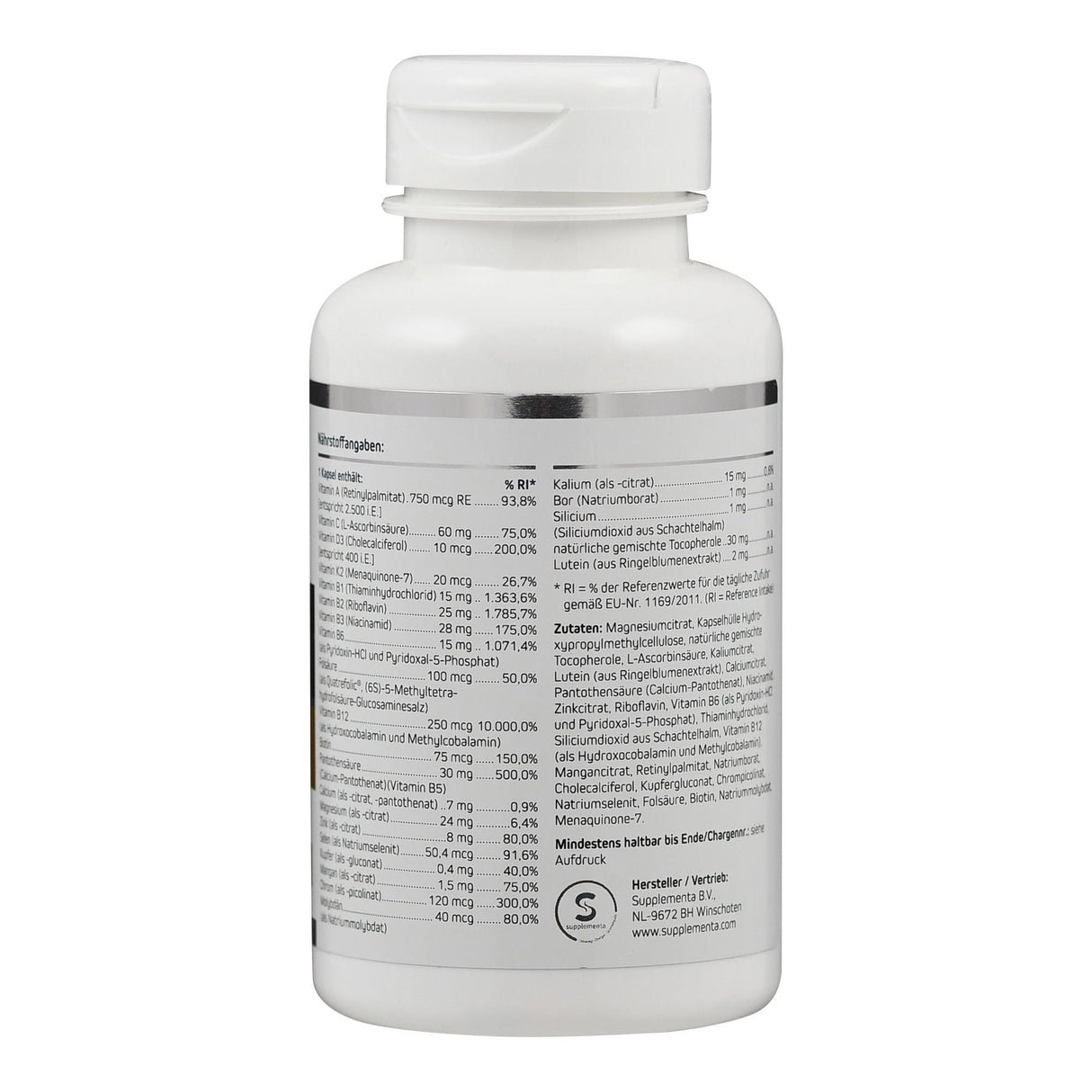 Weiße Flasche mit Etikett, das Nährwertangaben und Zutatenliste zeigt. Enthält Vitamine und Mineralien. Hersteller: Supplementa B.V.