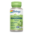 Das Bild zeigt eine Flasche mit Nahrungsergänzungsmitteln der Marke Solaray. Auf dem Etikett steht "True Herbs Fenugreek 1240 mg per serving". Die Flasche ist grün mit einem grünen Deckel. Es werden Vorteile wie "Healthy Blood Glucose" und "Digestion" hervorgehoben. Die Flasche enthält 100 Vegcaps und ist als Non-GMO und Lab-Verified gekennzeichnet.