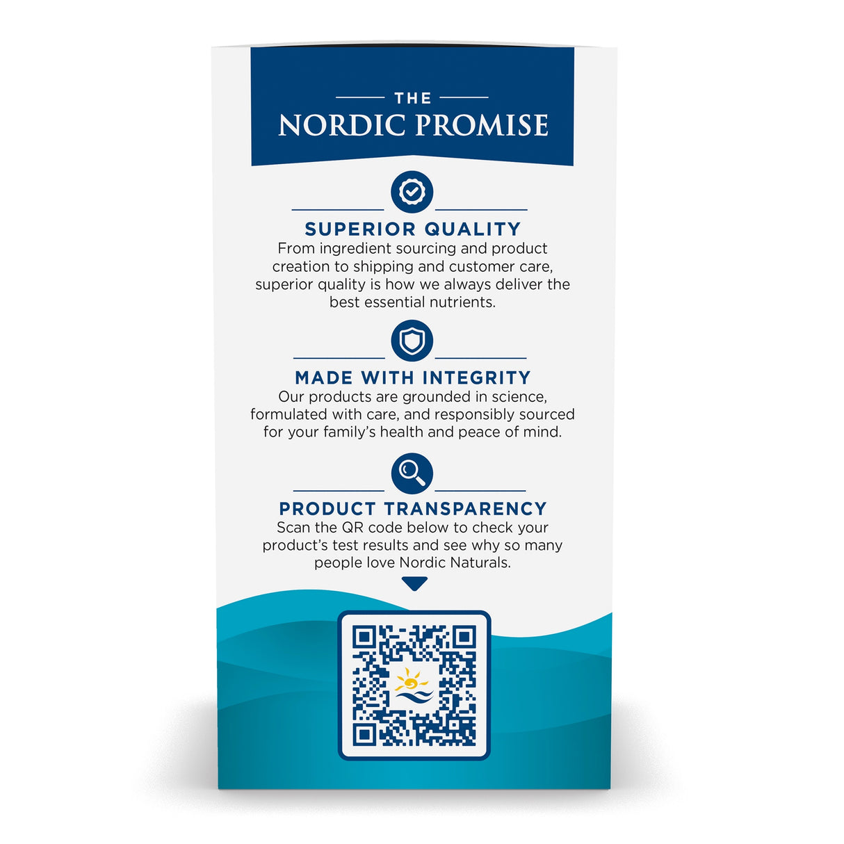 Ein Infoblatt mit dem Titel 'The Nordic Promise'. Es hebt drei Punkte hervor: Überlegene Qualität, Integrität und Produkttransparenz. Ein QR-Code ist unten.