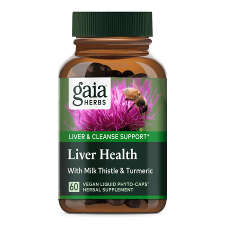 Eine braune Flasche mit grünem Deckel, beschriftet mit 'gaia HERBS Liver Health'. Auf dem Etikett ist eine Biene auf einer lila Distelblüte abgebildet. Die Flasche enthält 60 vegane flüssige Phyto-Kapseln, die Mariendistel und Kurkuma enthalten, zur Unterstützung der Leberreinigung. Das Produkt ist ein pflanzliches Nahrungsergänzungsmittel.