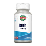 Das Bild zeigt eine weiße Plastikflasche mit einem Schraubverschluss, die das Nahrungsergänzungsmittel "Rutin 250 mg" von der Marke KAL enthält. Auf dem Etikett steht "Since 1932" und "60 Tabletten". Die Flasche ist auf einem weißen Hintergrund platziert.