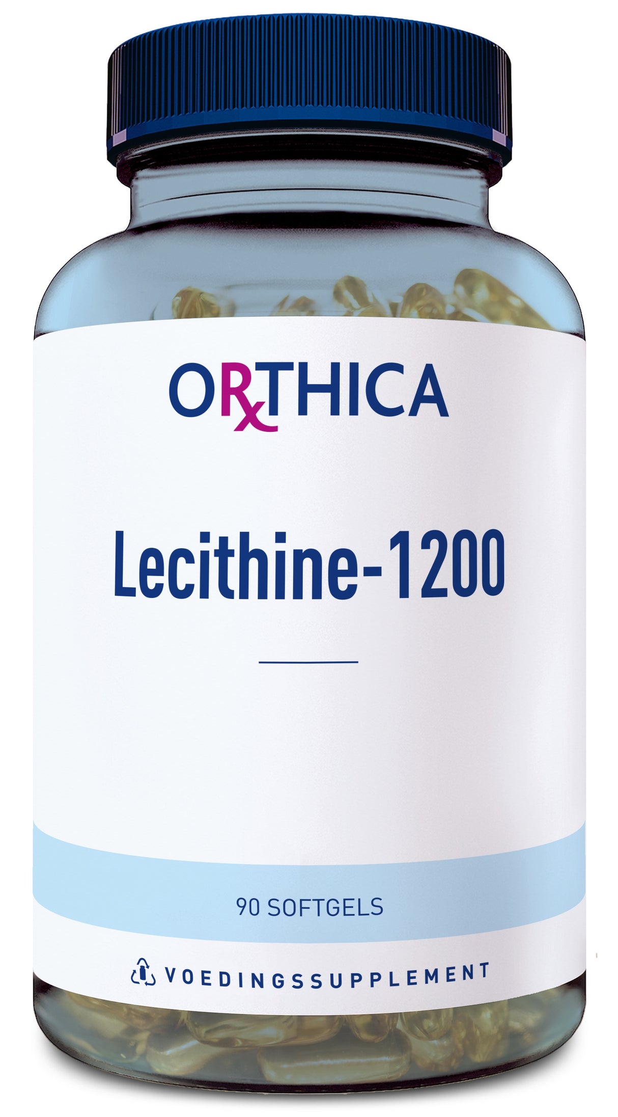 Ein Glasbehälter mit einem blauen Deckel, der das Nahrungsergänzungsmittel "ORTHICA Lecithine-1200" enthält. Auf dem Etikett steht "90 Softgels" und "VOEDINGSSUPPLEMENT". Der Behälter ist transparent und zeigt goldene Kapseln.