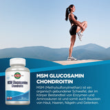 Eine Frau in Sportkleidung steht im Profil auf einem Felsen und dehnt ihr Bein vor einer Bergkulisse. Unten links ist eine Verpackung von MSM Glucosamine Chondroitin abgebildet. Der Hintergrund ist ein klarer blauer Himmel. Rechts neben der Verpackung befindet sich ein Text, der das Produkt beschreibt, insbesondere die Inhaltsstoffe und deren Nutzen für Enzyme und Aminosäuren.