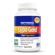 Das Bild zeigt eine Flasche des Nahrungsergänzungsmittels "Lypo Gold" von Enzymedica. Die Flasche ist weiß mit einem blauen Etikett, auf dem in gelber Schrift "Lypo Gold" steht. Oben rechts befindet sich ein rotes Siegel mit der Aufschrift "Keto Friendly". Auf der Flasche steht auch, dass das Produkt für die Fettverdauung geeignet ist und 60 Kapseln enthält. Es ist als vegan und koscher zertifiziert. Weitere Informationen auf dem Etikett beinhalten "NON GMO" und "NSF zertifiziert".
