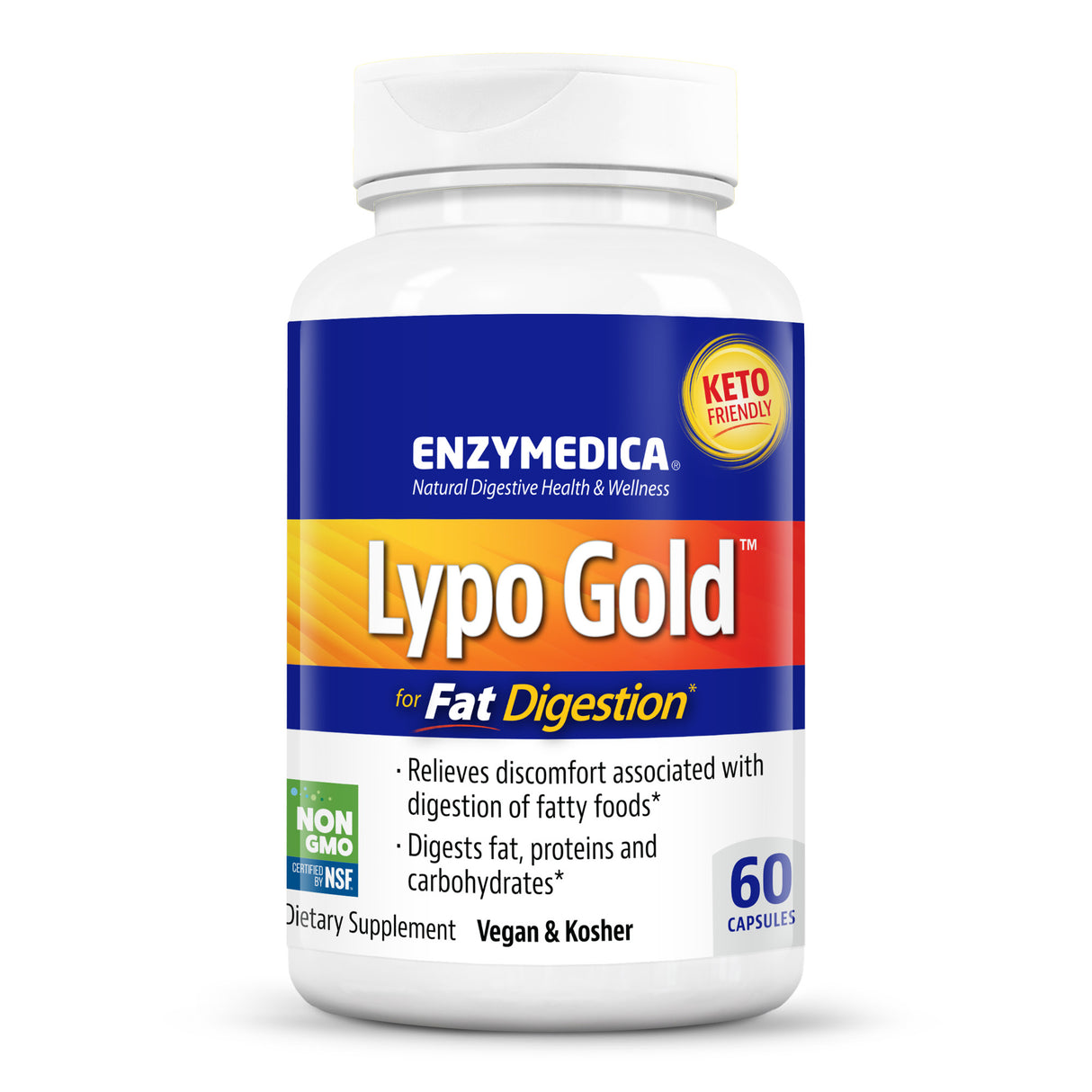 Das Bild zeigt eine Flasche des Nahrungsergänzungsmittels "Lypo Gold" von Enzymedica. Die Flasche ist weiß mit einem blauen Etikett, auf dem in gelber Schrift "Lypo Gold" steht. Oben rechts befindet sich ein rotes Siegel mit der Aufschrift "Keto Friendly". Auf der Flasche steht auch, dass das Produkt für die Fettverdauung geeignet ist und 60 Kapseln enthält. Es ist als vegan und koscher zertifiziert. Weitere Informationen auf dem Etikett beinhalten "NON GMO" und "NSF zertifiziert".