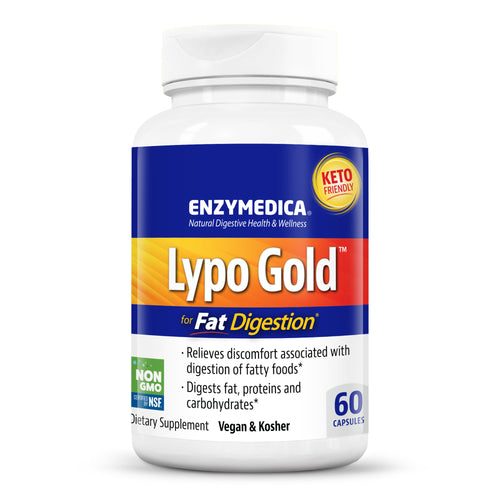 Das Bild zeigt eine Flasche des Nahrungsergänzungsmittels "Lypo Gold" von Enzymedica. Die Flasche ist weiß mit einem blauen Etikett, auf dem in gelber Schrift "Lypo Gold" steht. Oben rechts befindet sich ein rotes Siegel mit der Aufschrift "Keto Friendly". Auf der Flasche steht auch, dass das Produkt für die Fettverdauung geeignet ist und 60 Kapseln enthält. Es ist als vegan und koscher zertifiziert. Weitere Informationen auf dem Etikett beinhalten "NON GMO" und "NSF zertifiziert".