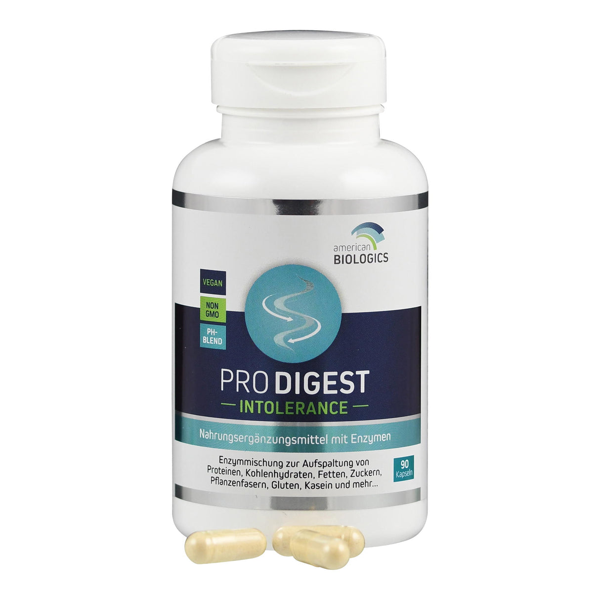 Flasche mit Nahrungsergänzungsmittel 'Pro Digest Intolerance', 90 Kapseln. Vegan, non-GMO, Enzymmischung für Verdauung.