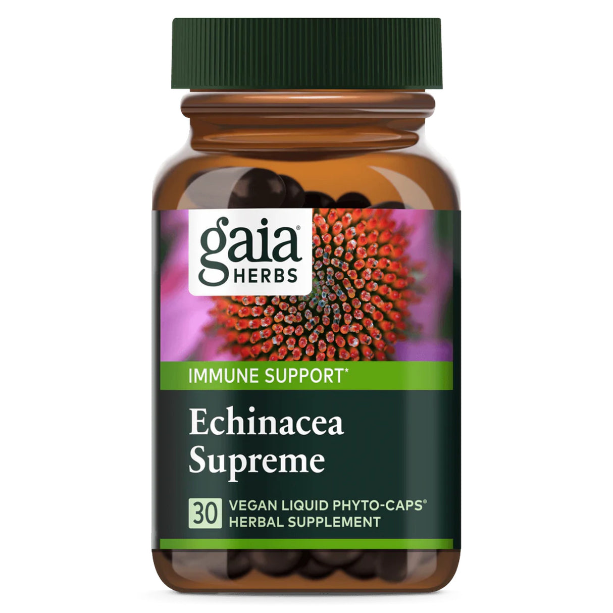 Das Bild zeigt eine braune Flasche mit einem grünen Deckel, auf der "Gaia Herbs Echinacea Supreme" steht. Die Flasche enthält 30 vegane flüssige Phyto-Kapseln zur Unterstützung des Immunsystems. Das Etikett zeigt ein Bild einer Echinacea-Blüte.