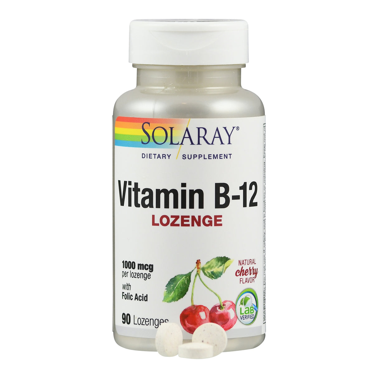 Eine Flasche Solaray Vitamin B-12 Lutschtabletten mit Kirschgeschmack. Auf dem Etikett sind zwei Kirschen abgebildet. Die Flasche enthält 90 Lutschtabletten mit 1000 mcg Vitamin B-12 und Folsäure pro Tablette.
