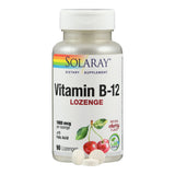 Eine Flasche Solaray Vitamin B-12 Lutschtabletten mit Kirschgeschmack. Auf dem Etikett sind zwei Kirschen abgebildet. Die Flasche enthält 90 Lutschtabletten mit 1000 mcg Vitamin B-12 und Folsäure pro Tablette.