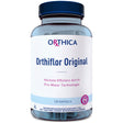 Das Bild zeigt eine blaue Flasche mit einem schwarzen Deckel, die ein Nahrungsergänzungsmittel enthält. Auf dem Etikett steht "Orthica Orthiflor Original". Darunter sind die Worte "Höchste Effizienz durch Pro-Motor Technologie" zu lesen. Die Flasche enthält 120 Kapseln mit natürlichen Mikroorganismen.