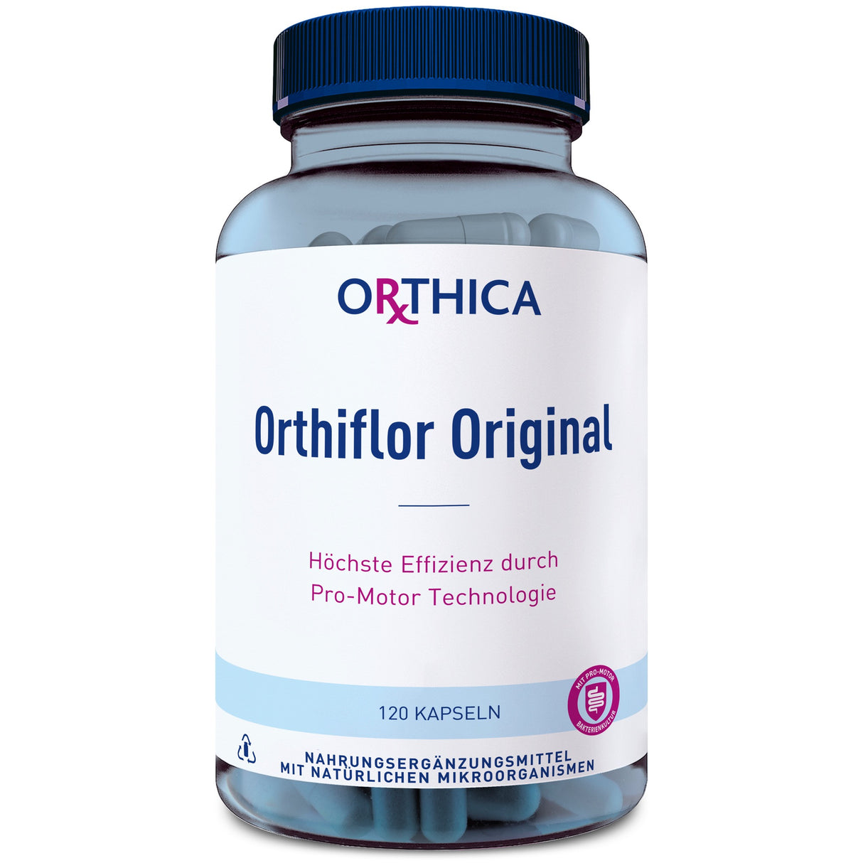 Das Bild zeigt eine blaue Flasche mit einem schwarzen Deckel, die ein Nahrungsergänzungsmittel enthält. Auf dem Etikett steht "Orthica Orthiflor Original". Darunter sind die Worte "Höchste Effizienz durch Pro-Motor Technologie" zu lesen. Die Flasche enthält 120 Kapseln mit natürlichen Mikroorganismen.
