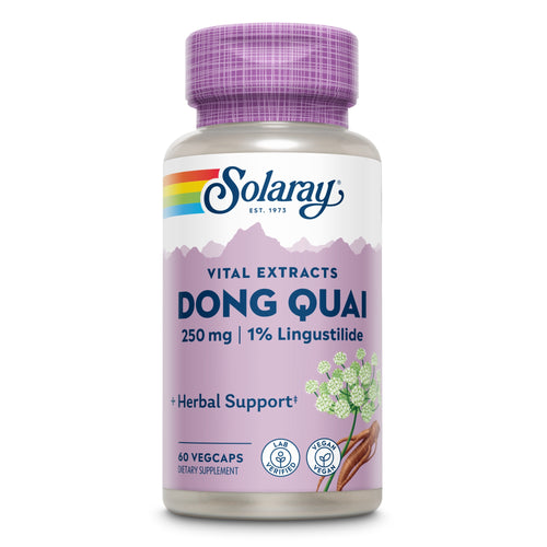 Das Bild zeigt eine Plastikflasche mit einem violetten Deckel. Auf dem Etikett steht "Solaray Vital Extracts Dong Quai 250 mg | 1% Lingustilide". Die Flasche enthält 60 VegCaps und ist als Nahrungsergänzungsmittel gekennzeichnet. Unten auf dem Etikett sind Symbole für "Lab Verified" und "Vegan" zu sehen. Die Farbe des Etiketts ist überwiegend lila mit einem Regenbogenstreifen am oberen Rand.