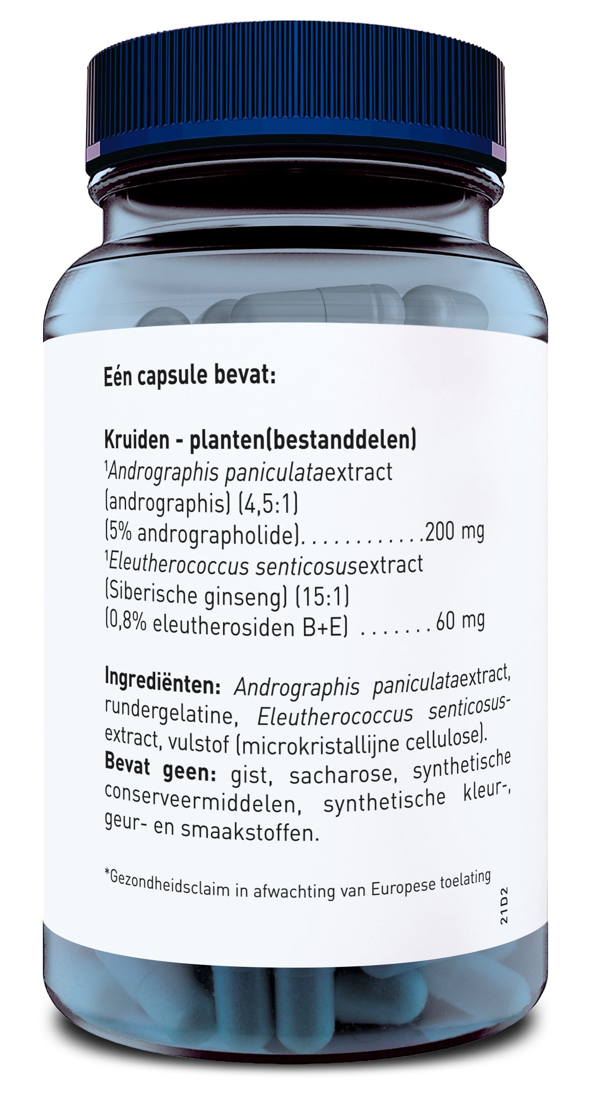 Eine Nahaufnahme einer durchsichtigen Kunststoffflasche mit blauem Deckel, die Kapseln enthält. Auf dem Etikett steht auf Niederländisch, dass eine Kapsel Andrographis paniculata-Extrakt und Eleutherococcus senticosus-Extrakt enthält. Weitere Zutaten sind Rindergelatine und mikrokristalline Cellulose. Es enthält keine Hefe, Saccharose oder synthetische Zusatzstoffe. Ein Gesundheitsclaim ist in Erwartung der europäischen Zulassung.