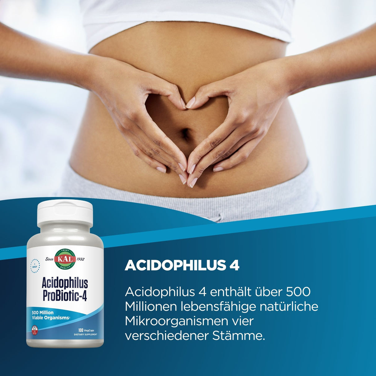 Frau formt Herz mit Händen über ihrem Bauch. Unten links eine Flasche "Acidophilus ProBiotic-4" mit Text über probiotische Mikroorganismen.
