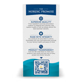 Poster mit "The Nordic Promise", betont Qualität, Integrität und Transparenz. Enthält QR-Code für Produkttests.