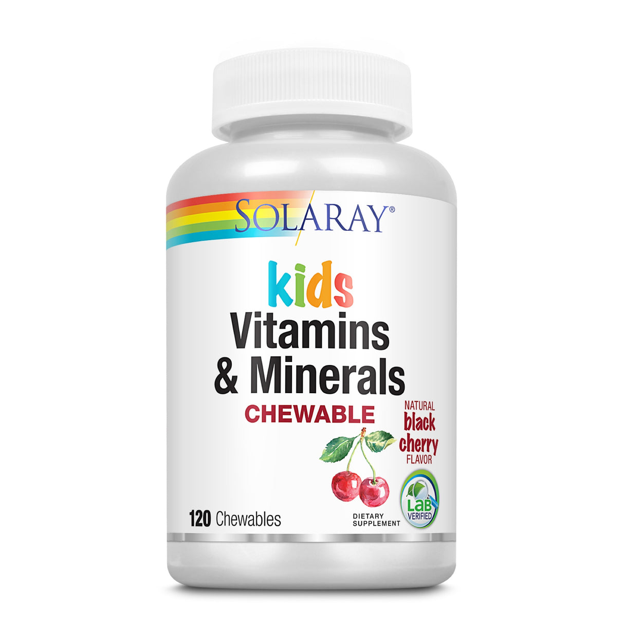Eine weiße Plastikflasche mit einem Schraubverschluss. Auf dem Etikett steht "Solaray Kids Vitamins & Minerals Chewable" mit einem Regenbogenmuster. Es zeigt zwei Kirschen und den Hinweis auf natürlichen schwarzen Kirschgeschmack. Die Flasche enthält 120 kaubare Tabletten und ist als Nahrungsergänzungsmittel gekennzeichnet. Ein "Lab Verified" Siegel ist ebenfalls sichtbar.
