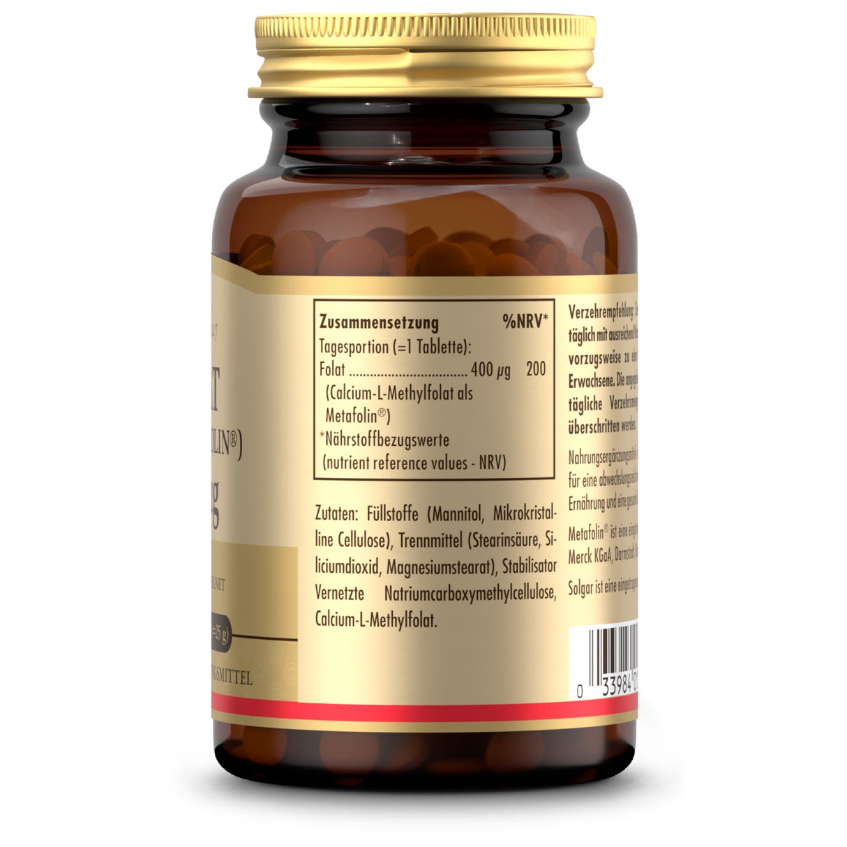 Das Bild zeigt ein braunes Glas mit goldenem Deckel, das Nahrungsergänzungsmittel enthält. Auf dem Etikett sind Informationen zur Zusammensetzung und den Inhaltsstoffen zu sehen, darunter Folat und Calcium-L-Methylfolat. Das Glas steht aufrecht und ist von der Seite fotografiert, sodass das Etikett gut lesbar ist.