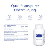 Das Bild zeigt ein Produkt von Pure Encapsulations, Magnesium in Kapselform. Oben steht 'Qualität aus purer Überzeugung'. Symbole zeigen, dass das Produkt laktosefrei, glutenfrei, vegan und sojafrei ist. Unten sind Inhaltsangaben für Magnesium-Glycinat aufgeführt. Rechts ist eine weiße Flasche mit dem Produktetikett zu sehen.