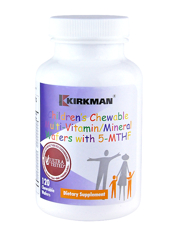 Eine weiße Plastikflasche mit einem Etikett, das bunte Schriftzüge und Grafiken zeigt. Auf dem Etikett steht 'Kirkman Children's Chewable Multi-Vitamin/Mineral Wafers with 5-MTHF'. Es sind stilisierte Figuren einer Familie abgebildet. Die Flasche enthält 120 kaubare Tabletten und ist als Nahrungsergänzungsmittel gekennzeichnet.