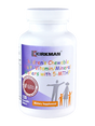 Eine weiße Plastikflasche mit einem Etikett, das bunte Schriftzüge und Grafiken zeigt. Auf dem Etikett steht 'Kirkman Children's Chewable Multi-Vitamin/Mineral Wafers with 5-MTHF'. Es sind stilisierte Figuren einer Familie abgebildet. Die Flasche enthält 120 kaubare Tabletten und ist als Nahrungsergänzungsmittel gekennzeichnet.