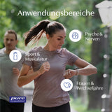 Eine Frau joggt in einem Park, während ein Mann im Hintergrund ebenfalls läuft. Die Umgebung ist grün und bewaldet. Auf dem Bild sind drei Textfelder mit den Themen 'Sport & Muskulatur', 'Psyche & Nerven' und 'Frauen & Wechseljahre' zu sehen. Unten links ist das Logo von 'pure encapsulations' abgebildet.