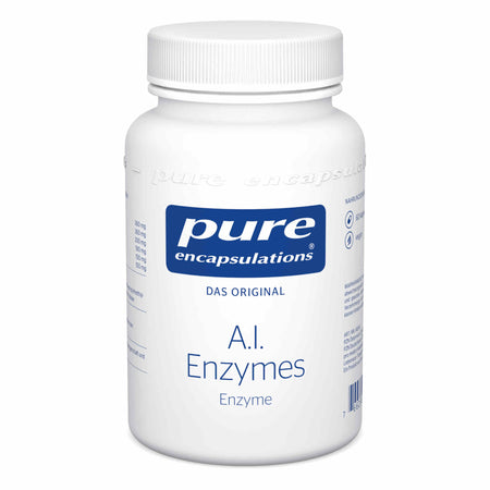 Das Bild zeigt eine weiße Kunststoffflasche mit einem Schraubverschluss. Auf dem Etikett steht „pure encapsulations DAS ORIGINAL A.I. Enzymes Enzyme“. Die Flasche ist gegen einen weißen Hintergrund fotografiert.