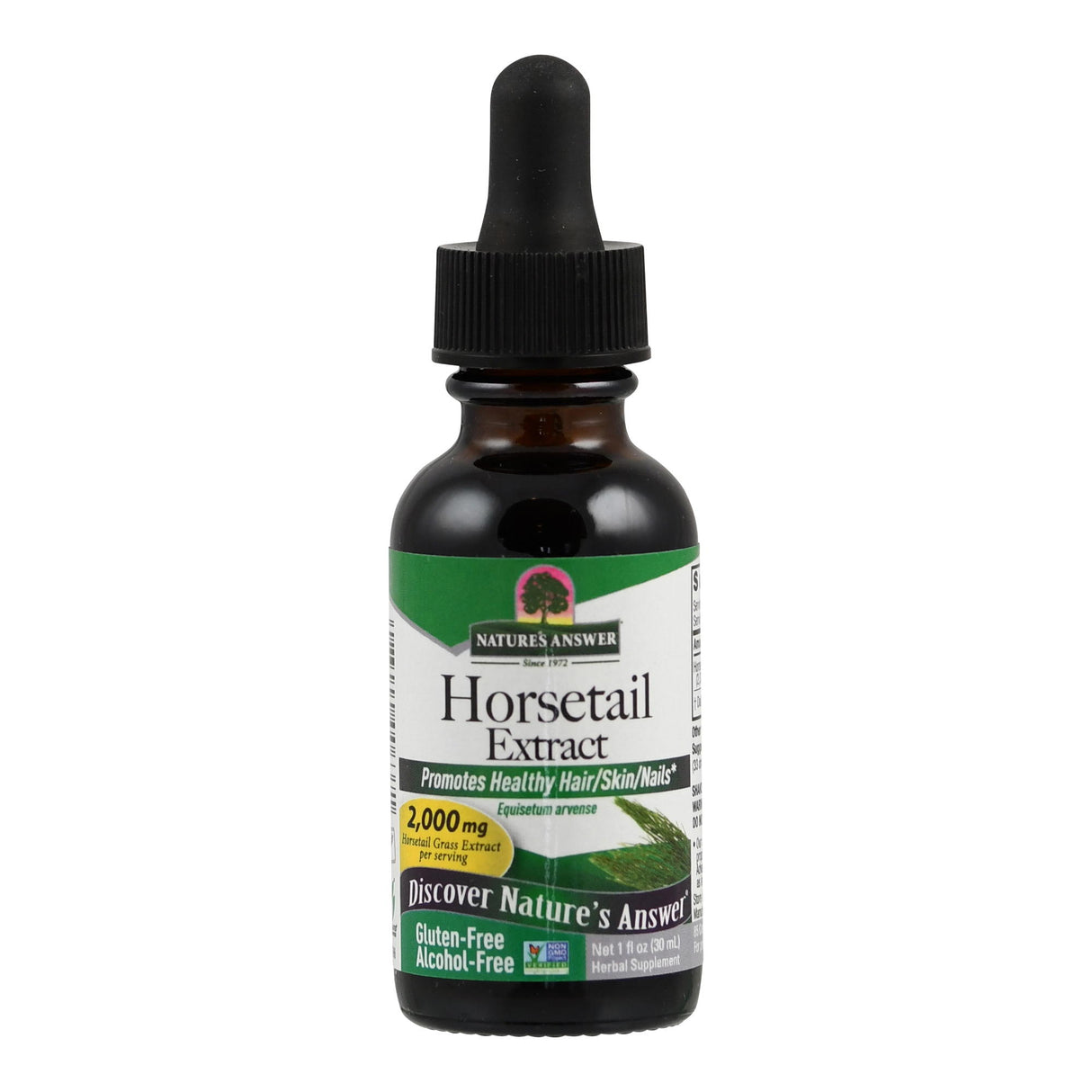 Eine braune Glasflasche mit Tropfverschluss, auf deren Etikett "Horsetail Extract" von Nature's Answer steht. Das Etikett ist grün und weiß mit Texten wie "Gluten-Free" und "Alcohol-Free". Die Flasche enthält 30 ml und bewirbt gesunde Haare, Haut und Nägel.