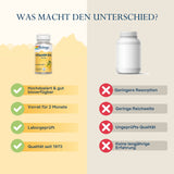 Das Bild zeigt einen Vergleich zwischen zwei Vitamin-D3-Produkten. Links ist das Produkt von Solaray mit gelbem Etikett und Vorteilen wie hoher Bioverfügbarkeit, zweimonatiger Vorrat, Laborprüfung und Qualität seit 1973. Rechts ist ein generisches weißes Produkt mit Nachteilen wie geringerer Resorption, geringer Reichweite, ungeprüfter Qualität und fehlender langjähriger Erfahrung.