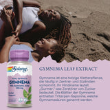 Zwei lachende Frauen am Strand mit einem Gymnema-Produkt im Vordergrund. Text erklärt die Pflanze Gymnema und ihre Eigenschaften.