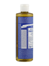 Eine Flasche Dr. Bronner's 18-in-1 Pure-Castile Seife mit blauem Etikett und weißem Verschluss. Das Etikett enthält viele Informationen, einschließlich Inhaltsstoffe und Anwendungsanweisungen. Die Flasche ist aus Kunststoff und hat eine zylindrische Form. Die Seife ist für den Körper und den Haushalt geeignet und besteht aus natürlichen Inhaltsstoffen. Hergestellt in den USA.