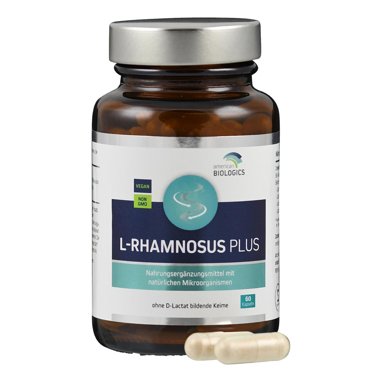 Braunglasflasche mit L-Rhamnosus Plus Kapseln. Etikett: "American Biologics", vegan, non-GMO, 60 Kapseln.